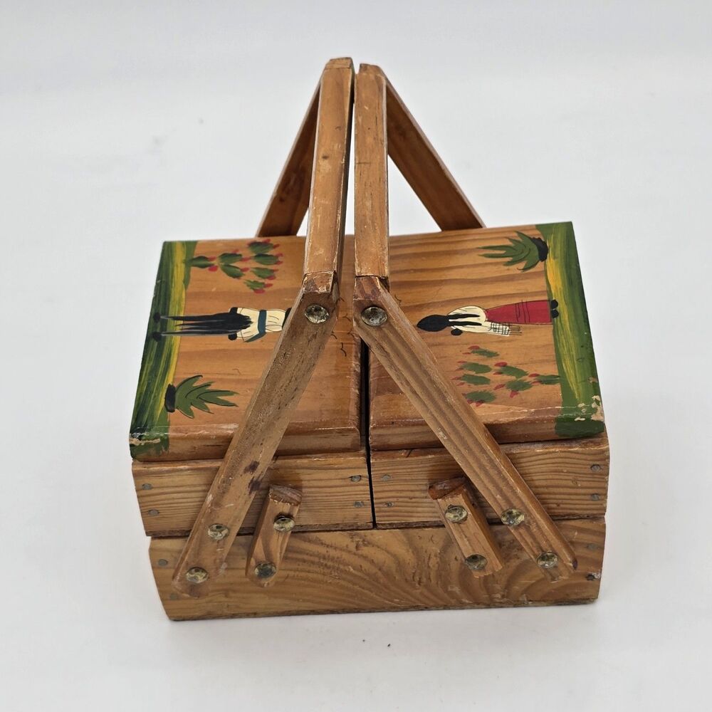 Vintage Wooden Mini Accordion Sewing Box Handmade Hand Painted Mexican Folk Art
